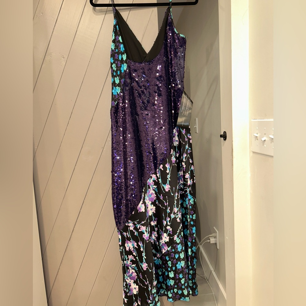 BCBGMAXAZRIA purple sequence and floral midi dress